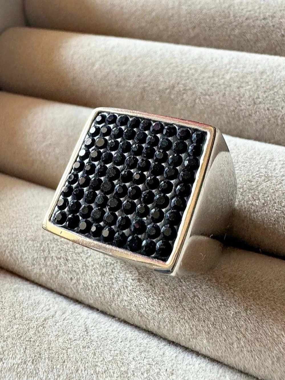 316L Stainless Steel Black Pavé Square Signet Statement Ring Size 9